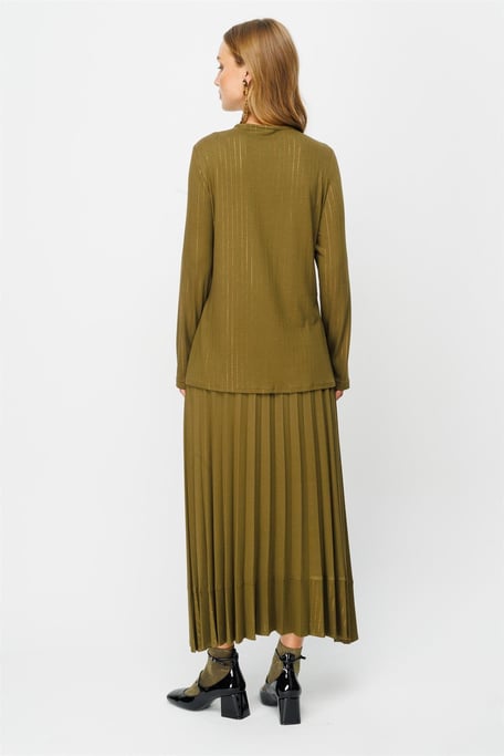 Glitter Patterned Pleated Skirt Suit Khaki