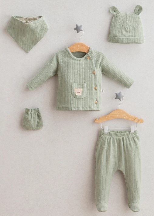Baby Boy Teddy Bear Side Buttoned 5-Piece Green Romper Set Newborn (0-3 Months) - Tongs Baby
