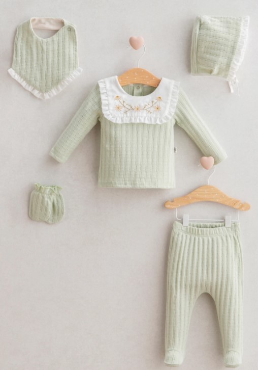 Vintage Style Embroidered Ruffle Flowered Collar Green Baby Girl 5-Piece Bodysuit Set Newborn (0-3 Months)