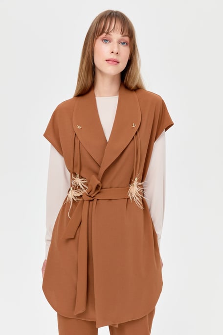 Crepe Three Piece Set with Tassel Detail in Piping Taba