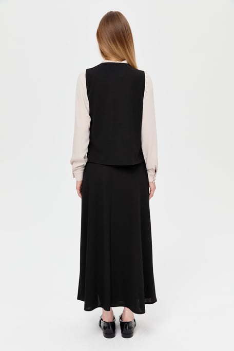 Three Piece Crepe Skirt Suit with Fob Detail Black